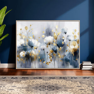 Large Abstract Flowers Wall Art Canvas Print – Gold and Blue
