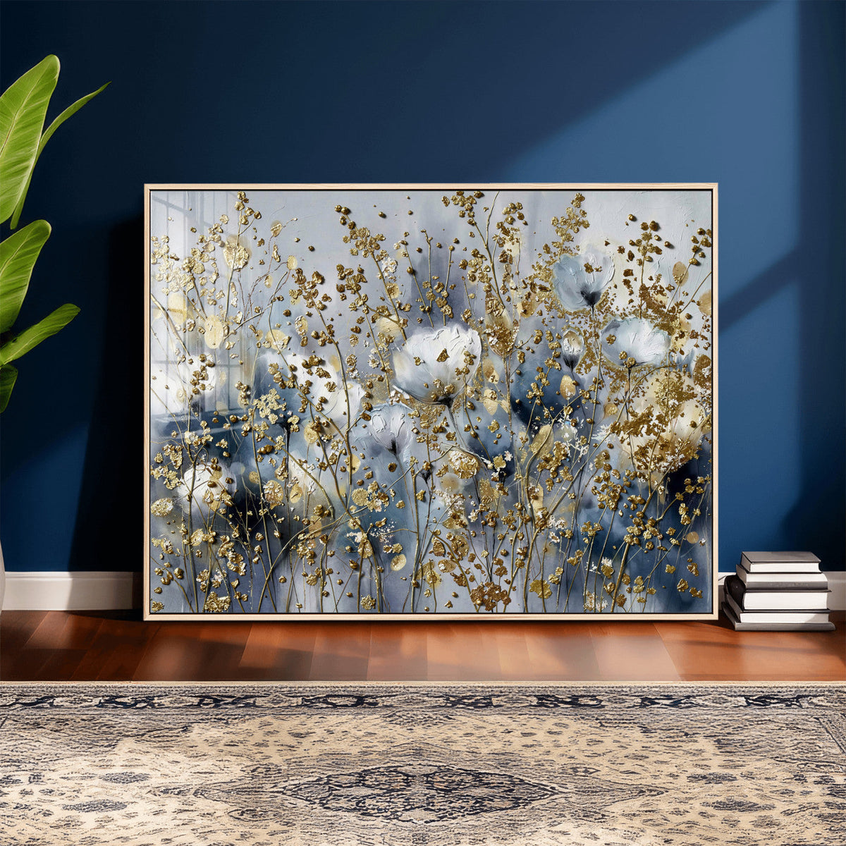 Abstract Floral Wall Art Canvas Print – Gold and Blue