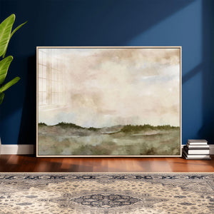 Muted Watercolor Hill Landscape Print — Beige Taupe Cloudy
