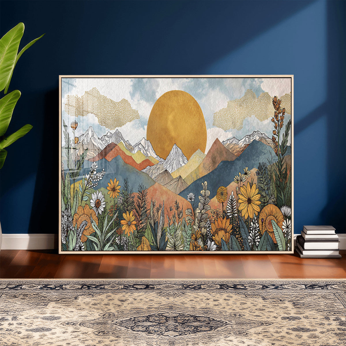 Boho Mountain Landscape Large Wall Art, Horizontal Gold