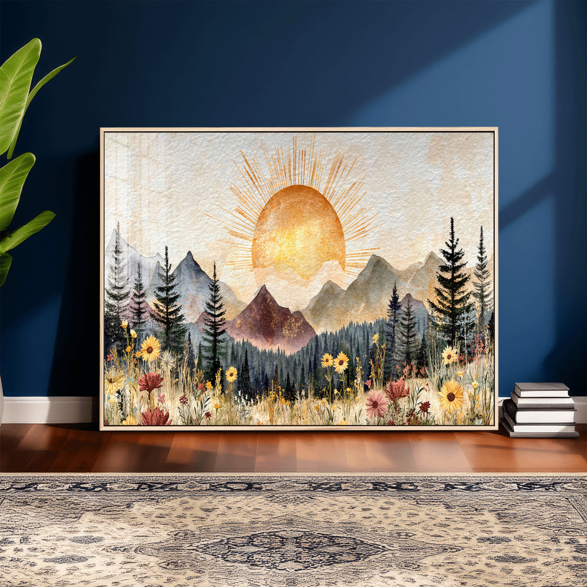 Boho Mountain Landscape Large Wall Art, Horizontal Gold