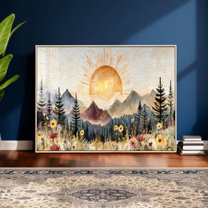 Boho Mountain Landscape Large Wall Art, Horizontal Gold