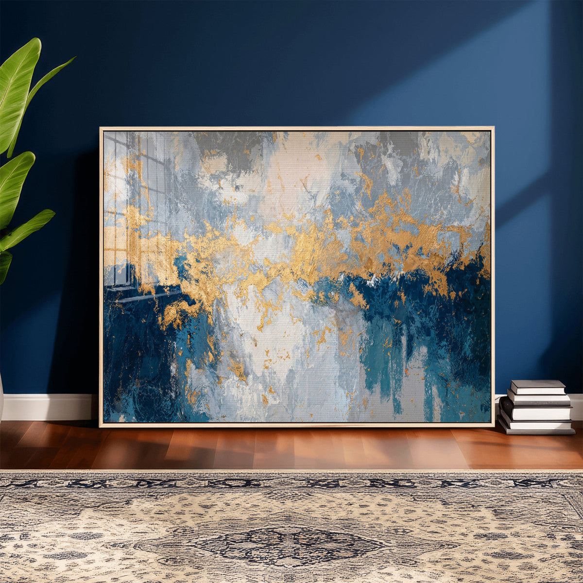 Blue Gold Abstract Large Framed Canvas Wall Art, Modern