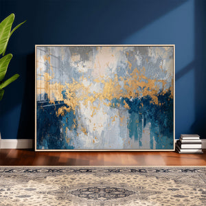 Blue Gold Abstract Large Framed Canvas Wall Art, Modern