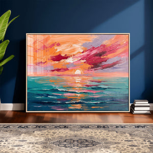 Bold Palette Knife Ocean Sunset Canvas — Orange Pink Teal