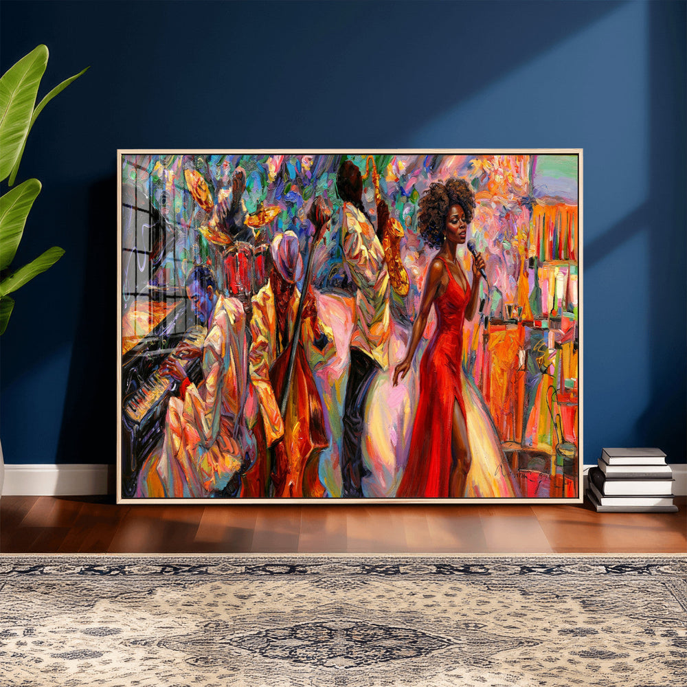 African American Jazz Singer Canvas Art — Red Dress Black