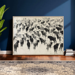 Longhorn Cattle Canvas Wall Art, Black White Stampede Ink