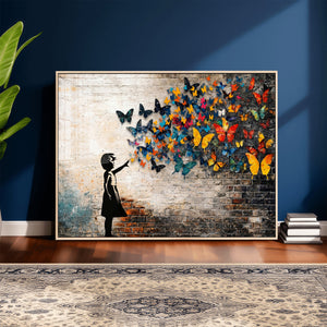 Banksy Graffiti Butterfly Girl Wall Art Canvas Print, Framed