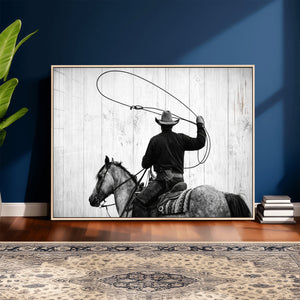 Cowboy Lasso Canvas Wall Art, Black White Western Horse
