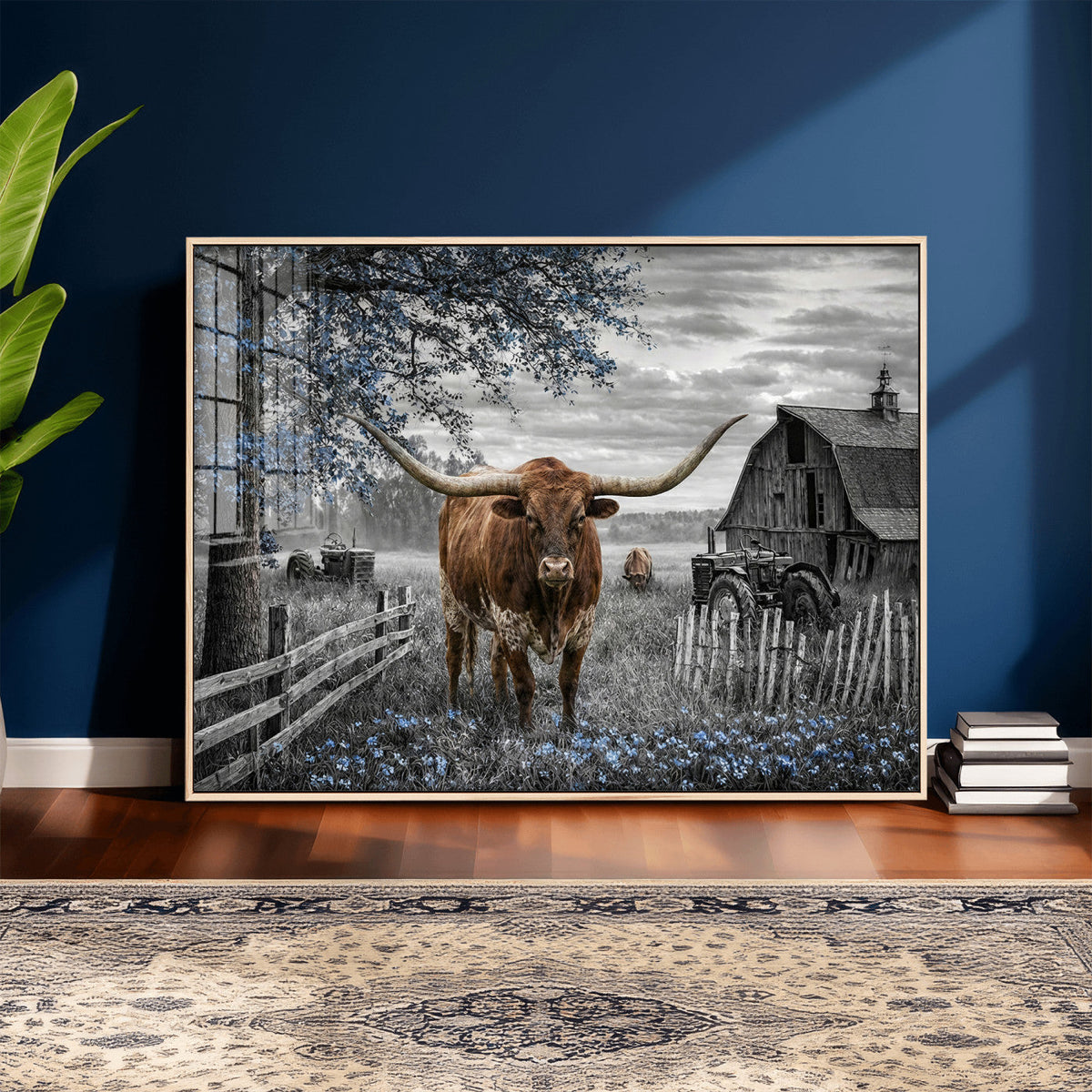 Texas Longhorn Canvas Wall Art, Rustic Farm Barn Bluebonnet