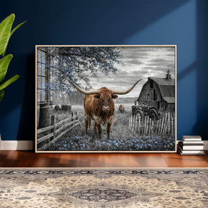 Texas Longhorn Canvas Wall Art, Rustic Farm Barn Bluebonnet