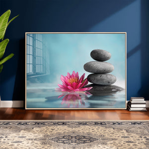 Zen Canvas Wall Art Lotus Flower Stacked Stones Teal Spa