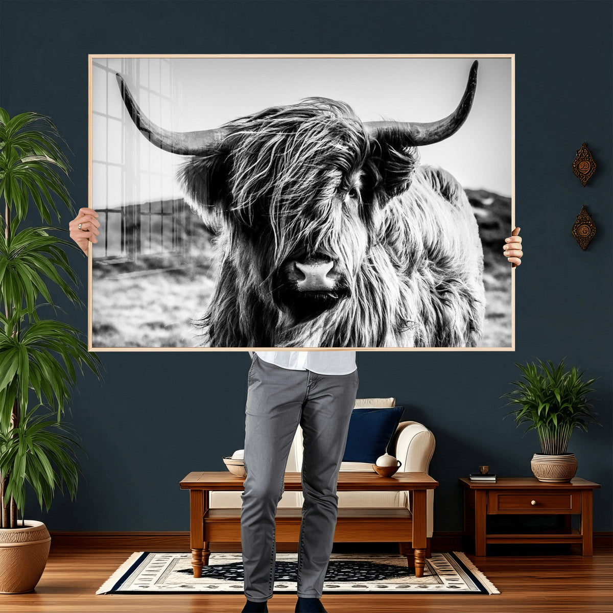 Black and White Scottish Cow Canvas Wall Art Highland Cattle
