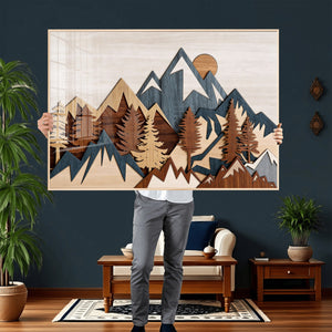 Rustic Abstract Wood Panel Effect Canvas Mountain Range Top
