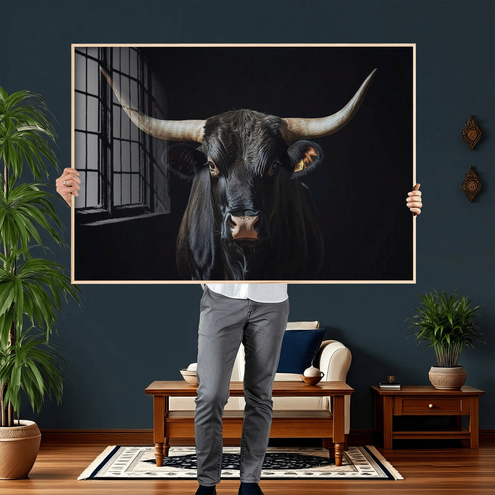 Majestic Longhorn Bull Wall Art Canvas Print – Dark