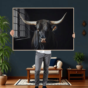 Majestic Longhorn Bull Wall Art Canvas Print – Dark