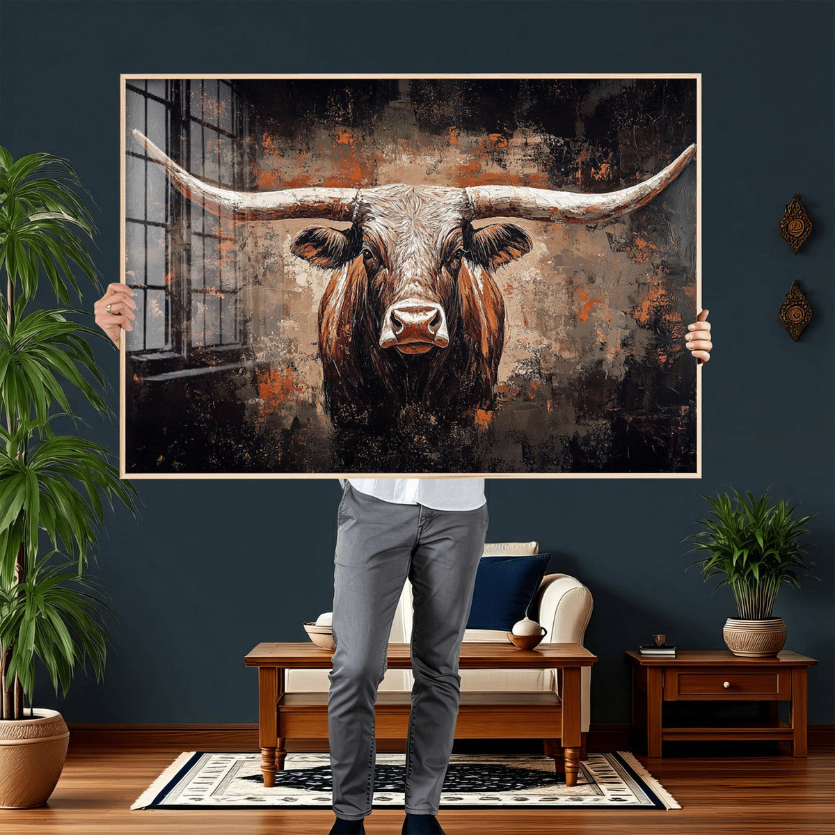 Abstract Longhorn Wall Art Canvas Print – Vintage Western
