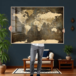 Large Framed Vintage World Map Wall Art Print for Home Wall