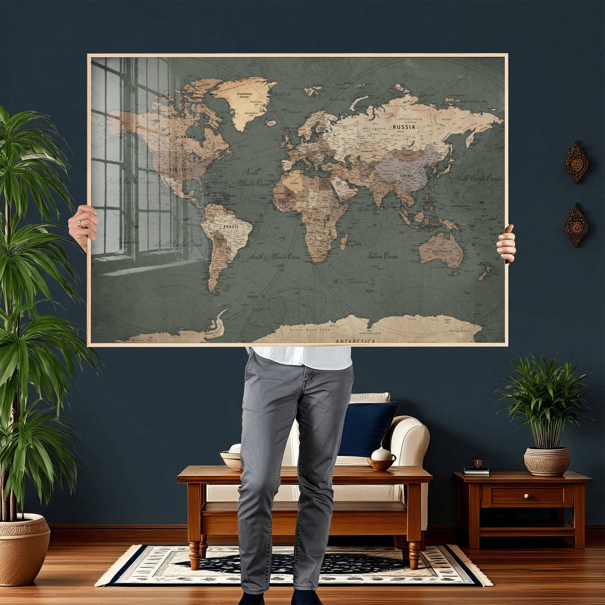 Rustic Black and Wood World Map Canvas Wall Art – Framed