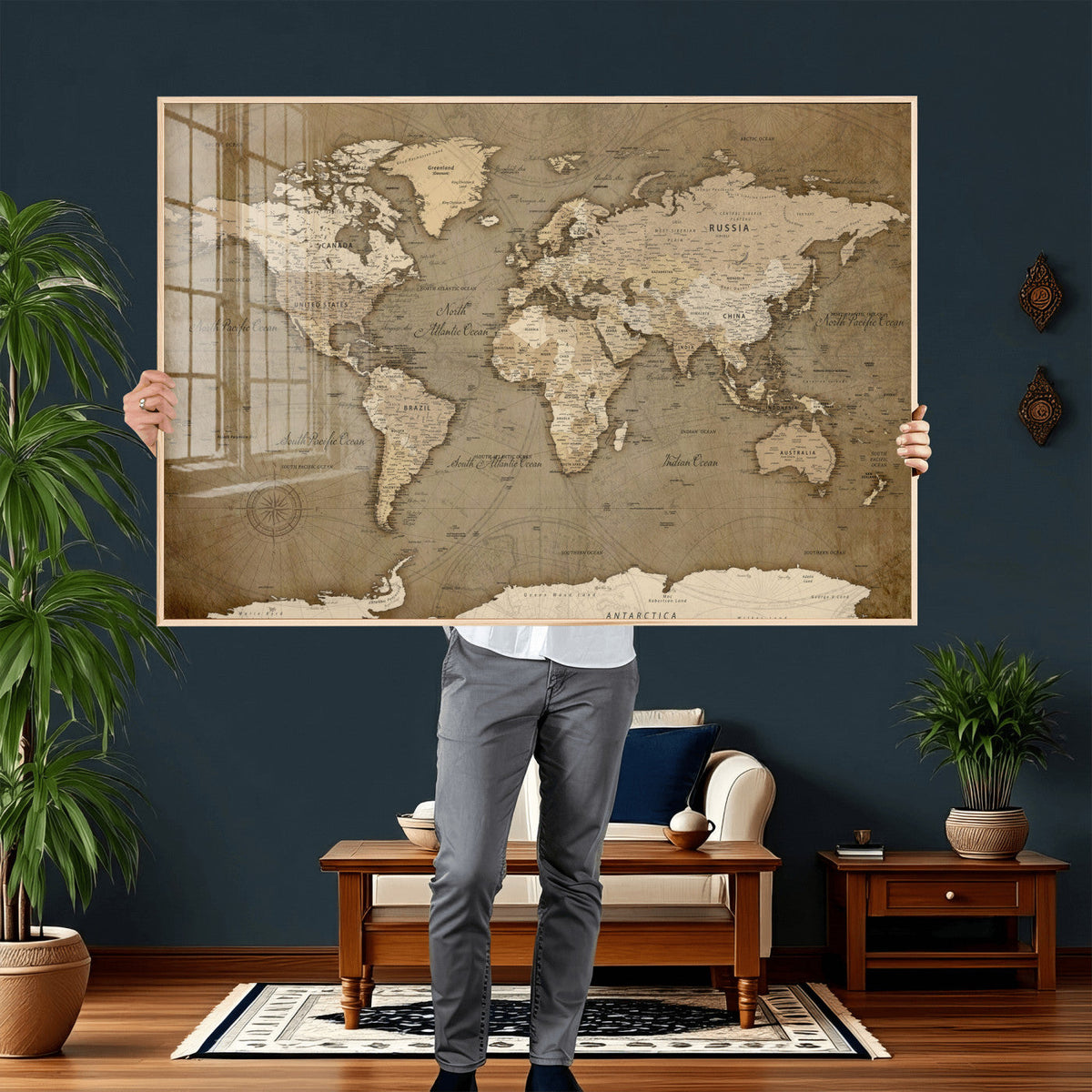 World Map Wall Art Canvas Print, Framed Map Art Picture