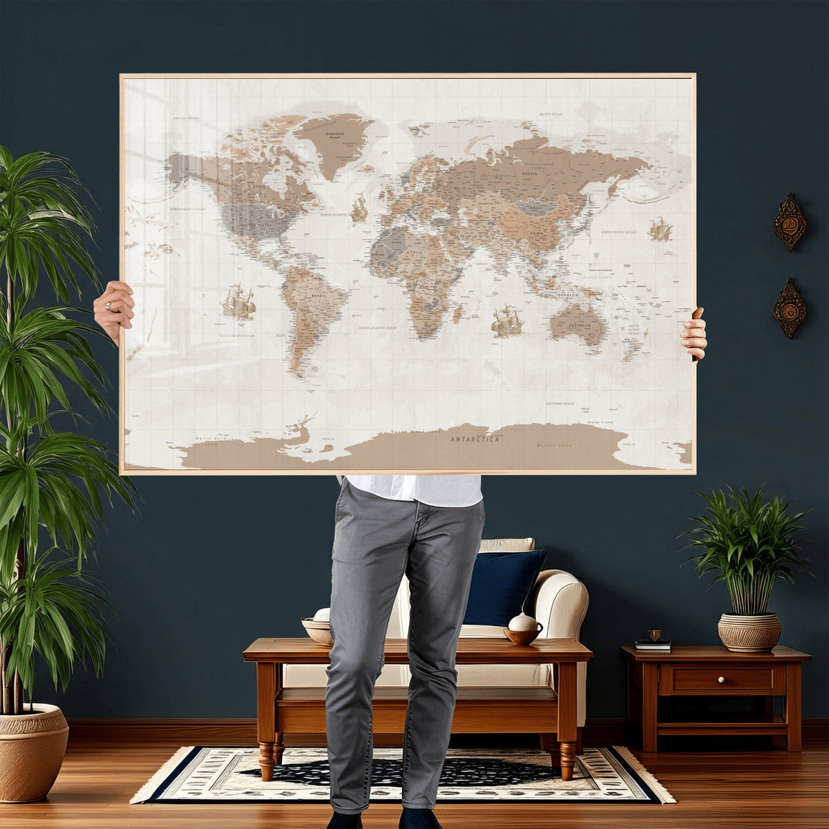 Framed Large World Map Canvas Print for Office Decor