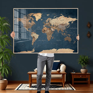 Navy Blue World Map Canvas Print – Framed Travel Map Wall