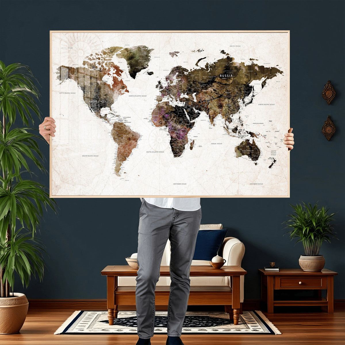 Watercolor World Map Print - Large Wall Art Canvas Print for
