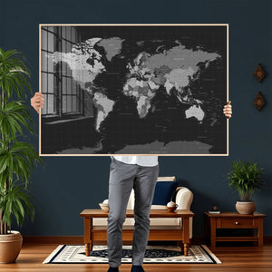 Black World Map Wall Art Canvas Print – Detailed Map of the