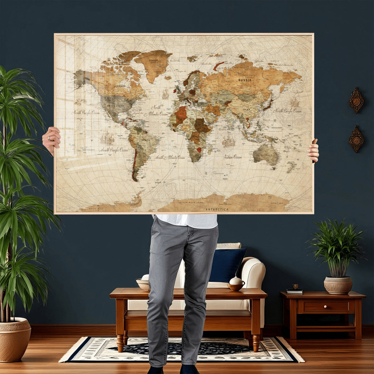 Rustic Vintage World Map Canvas Print – Framed Modern