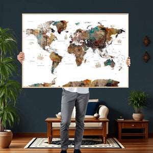 Watercolor World Map Canvas Print – Detailed Map of the
