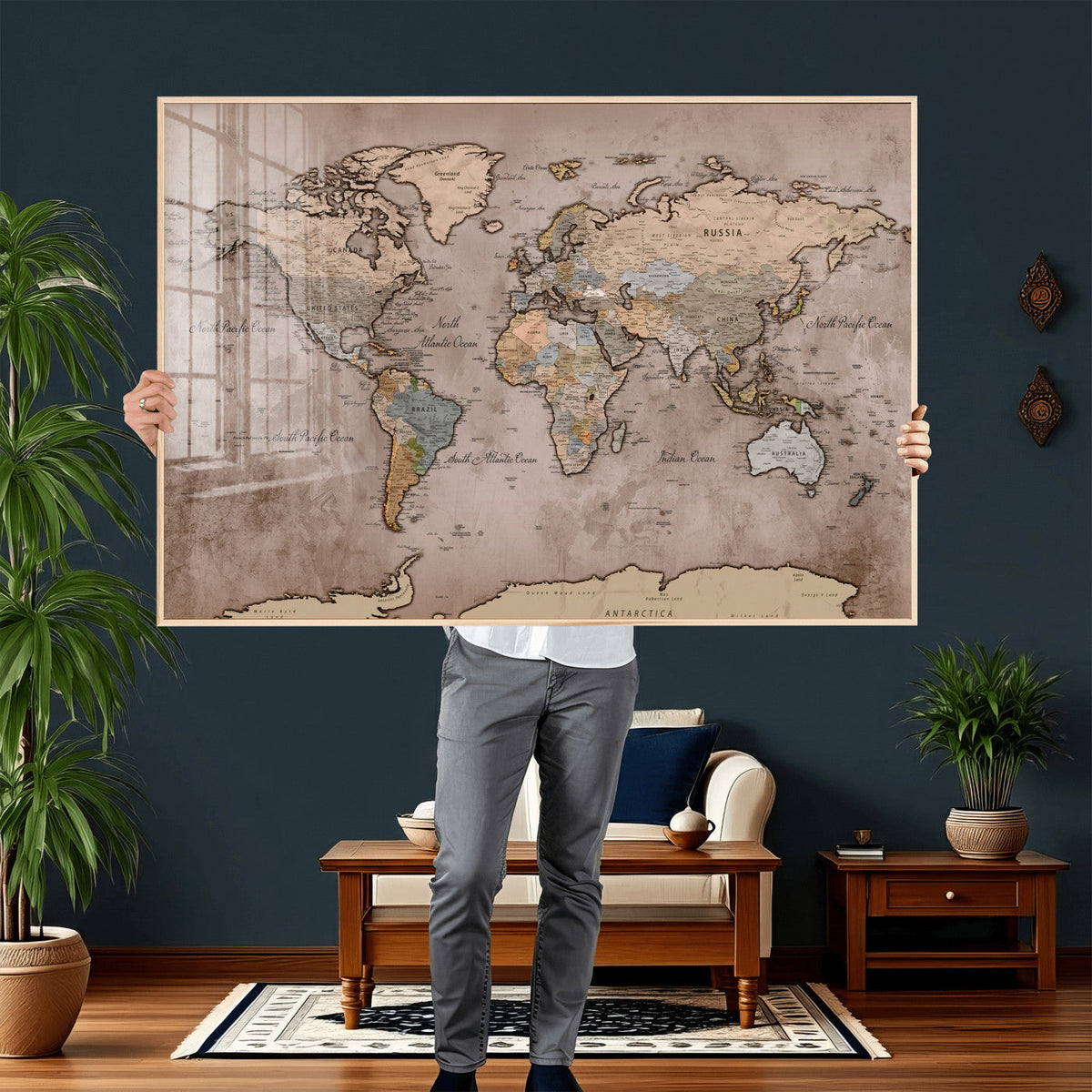 Grunge World Map Canvas Wall Art - Vintage Aged World Map