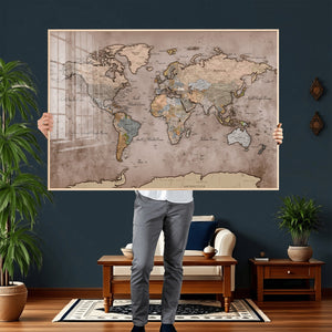 Grunge World Map Canvas Wall Art - Vintage Aged World Map