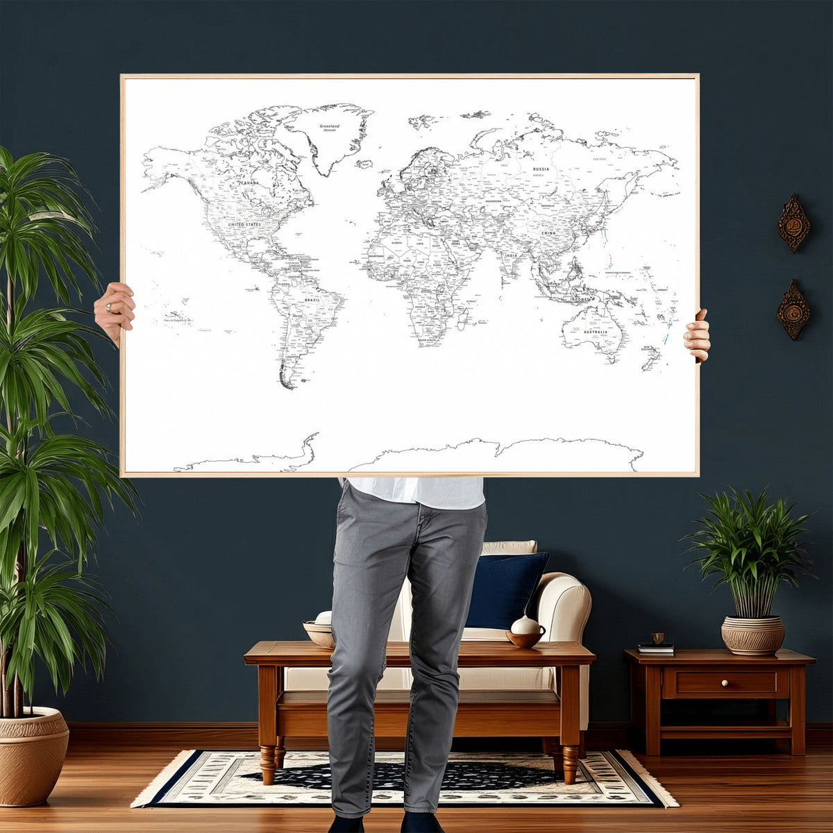 World Map Canvas Print – Framed Modern Detailed Map of the
