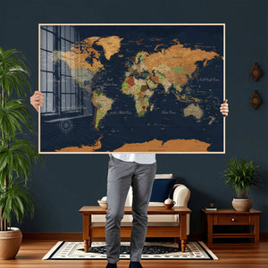 Modern World Map Canvas Print – Framed Detailed Map of the