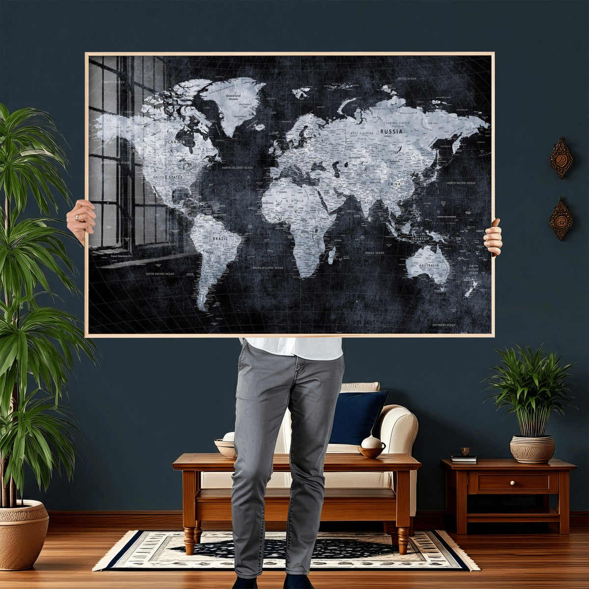 Black World Map Canvas Print – Detailed Map for Couples and