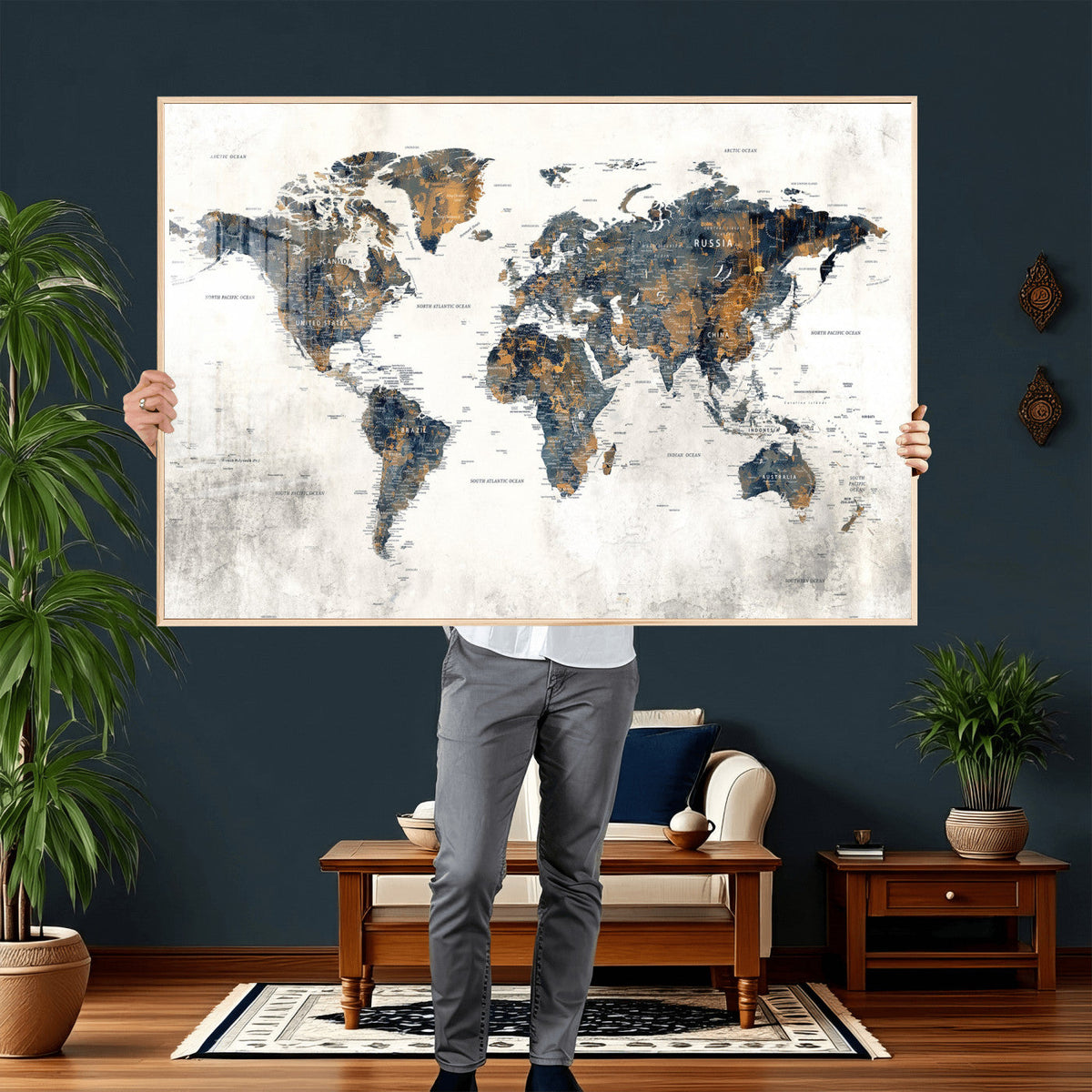 World Map Wall Art Canvas Print for Office Wall Decor
