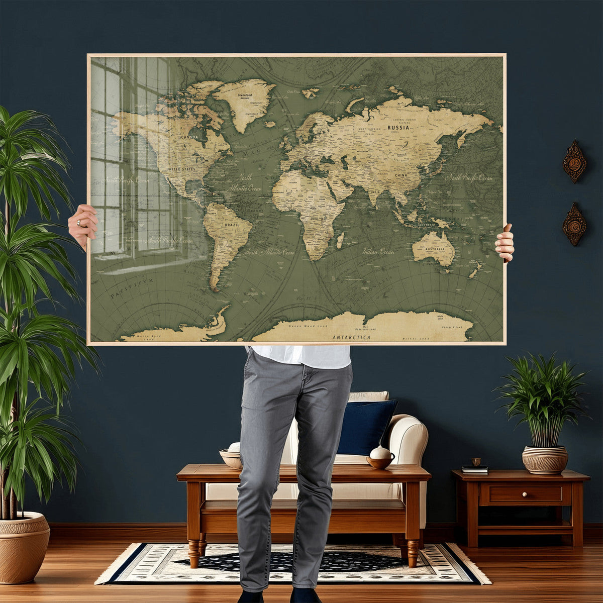 Large World Map Canvas Wall Art Print for Study Room Decor -