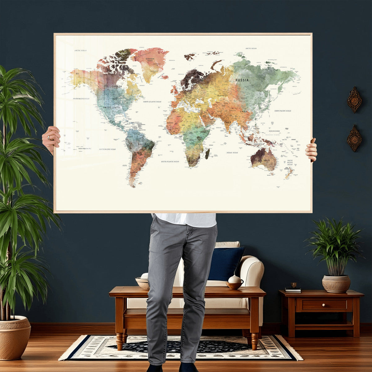 Framed World Map Wall Art Canvas Print for Living Room and