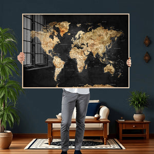 World Map Canvas Wall Art with Famous Landmarks – Framed