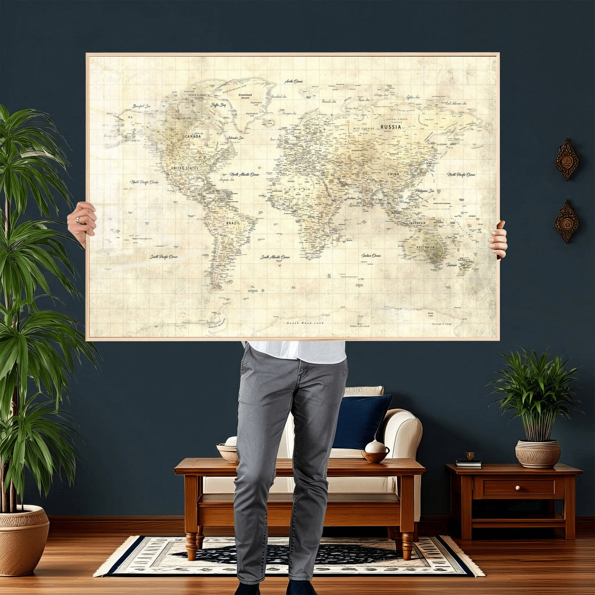 Colorful Watercolor World Map Canvas Wall Art – Framed