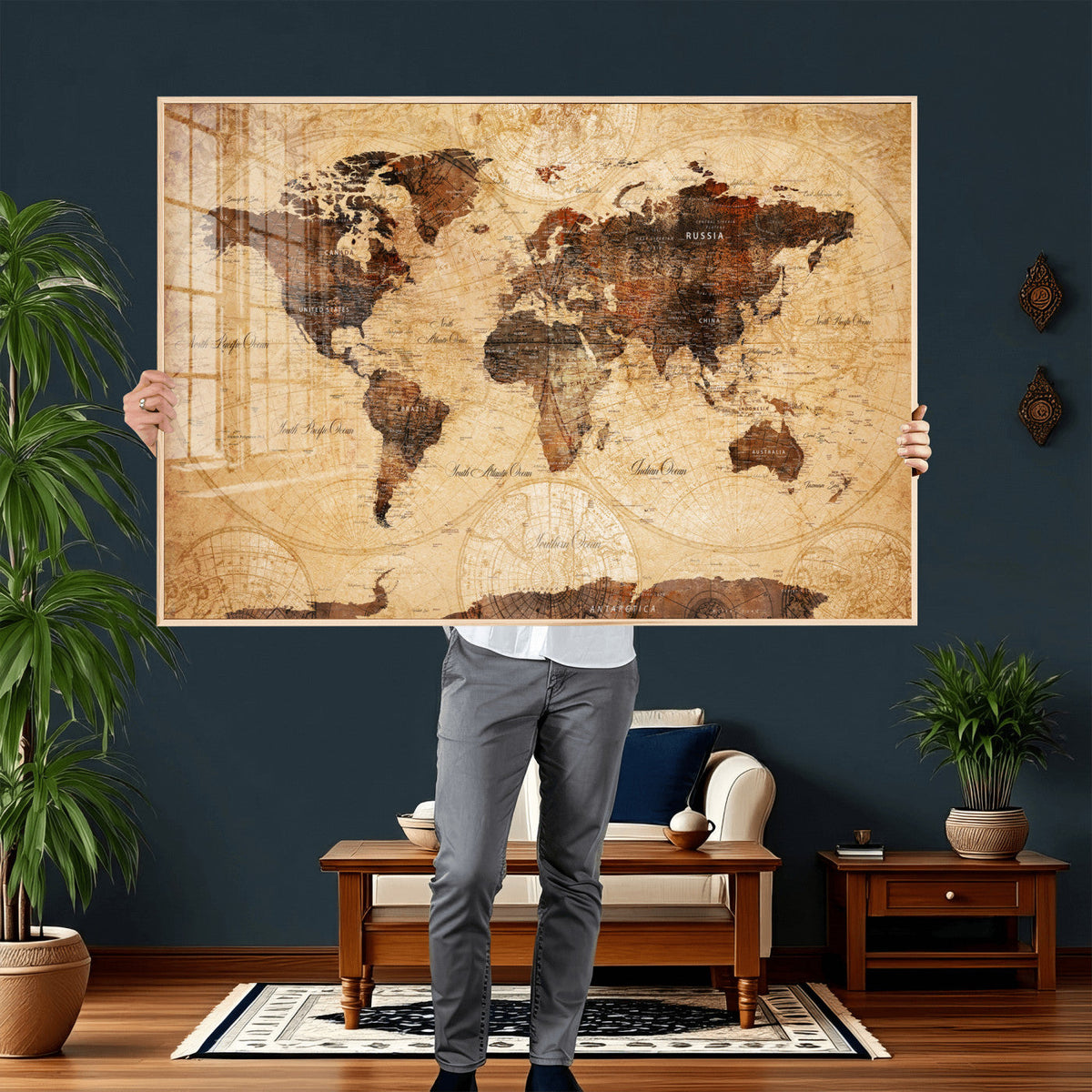 Modern Red and Gray World Map Canvas Print – Framed Wall Art