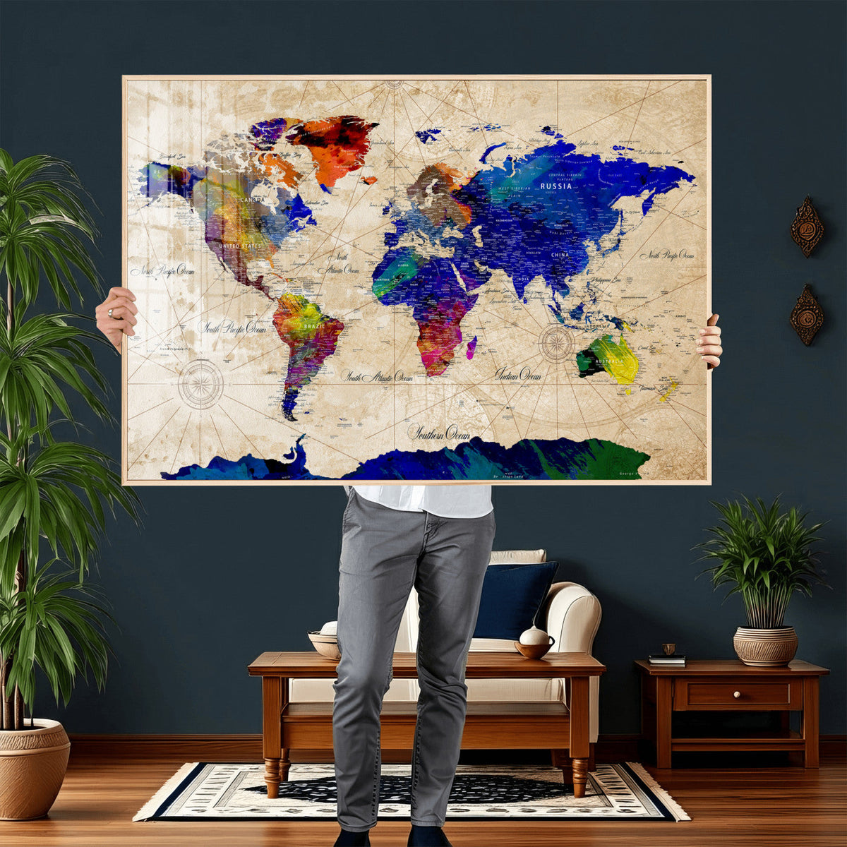Watercolor World Map Canvas Print – Framed Wall Art for