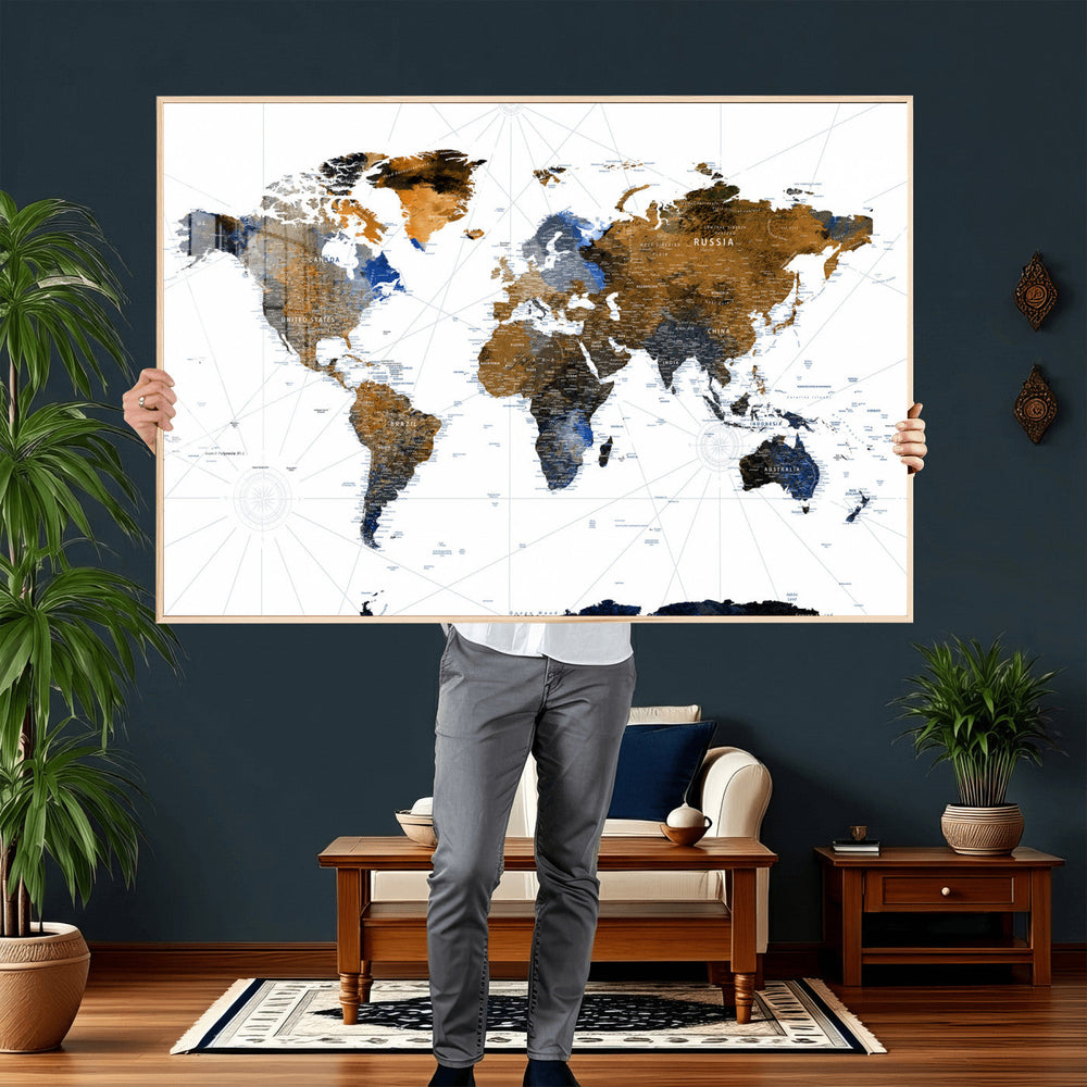 World Map Wall Art Canvas Print, Modern Decorative Framed