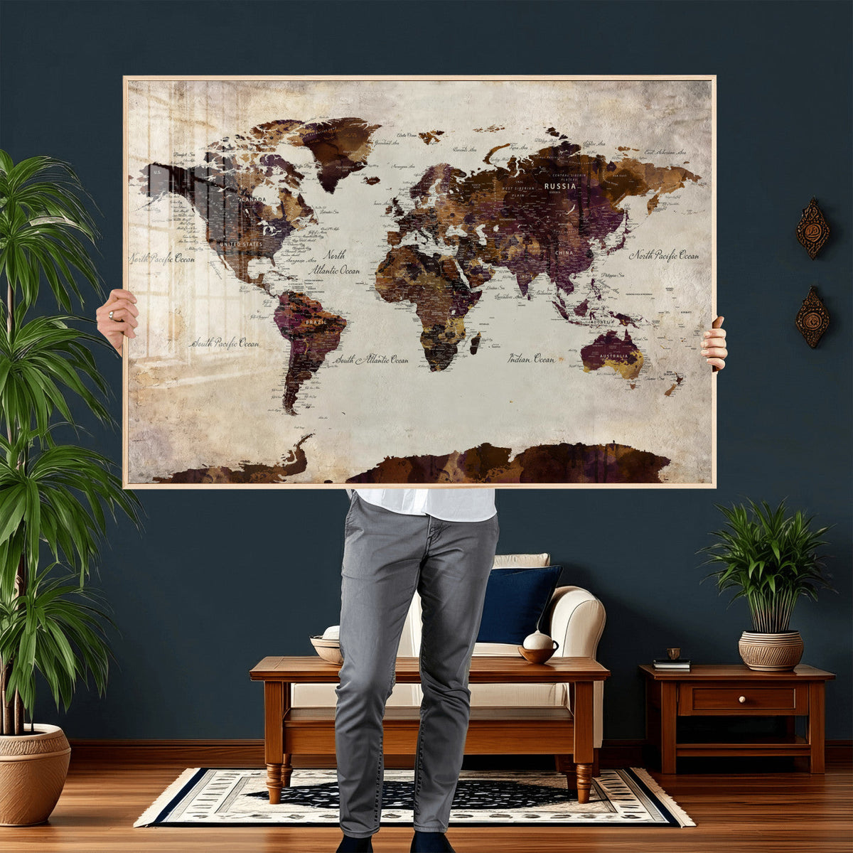 World Map Canvas Triptych – Colorful Global Wall Art for