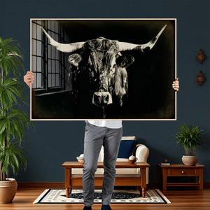 Black Bull Wall Art Canvas Print, Texas Longhorn Portrait