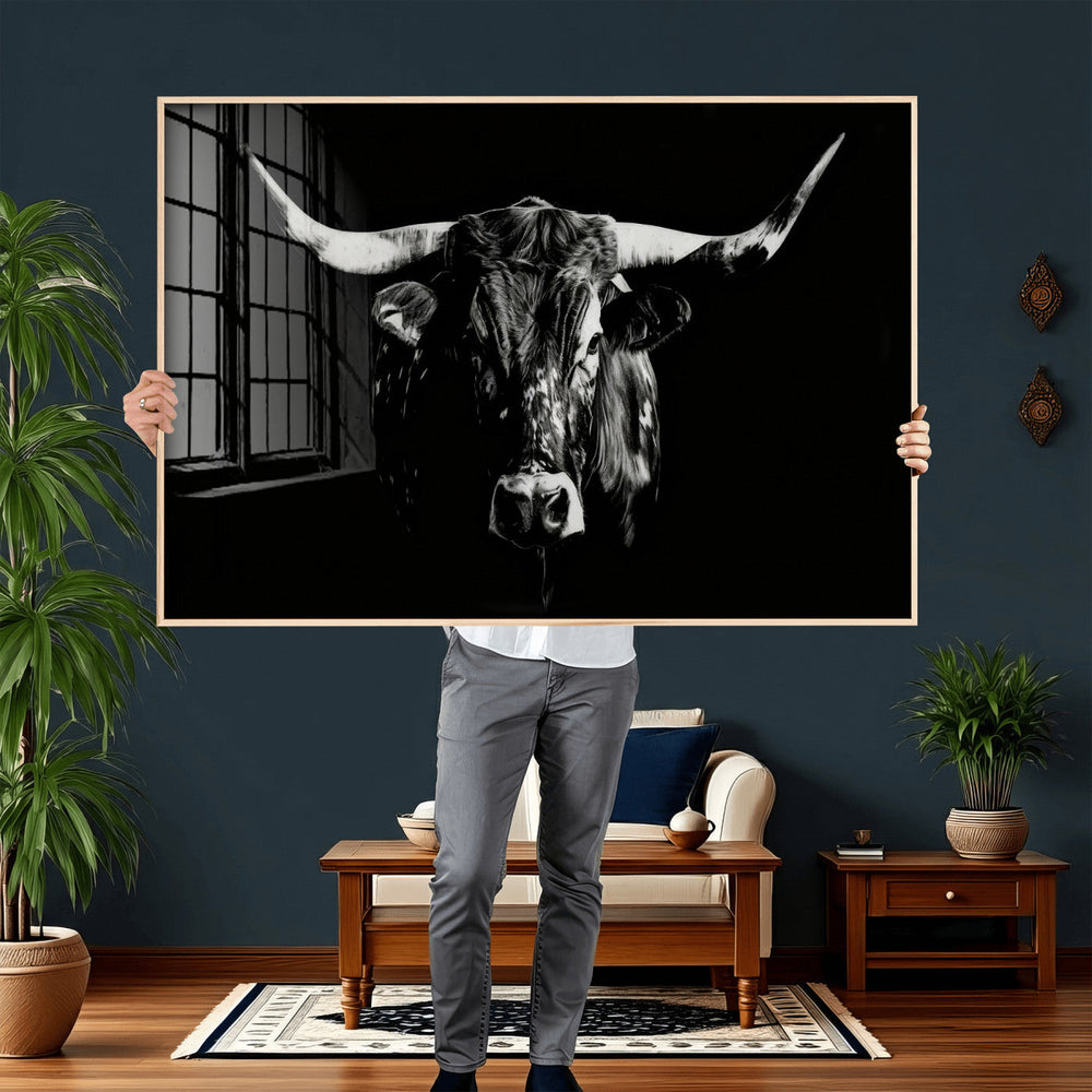 Black Bull Wall Art Canvas Print, Dark Longhorn Portrait