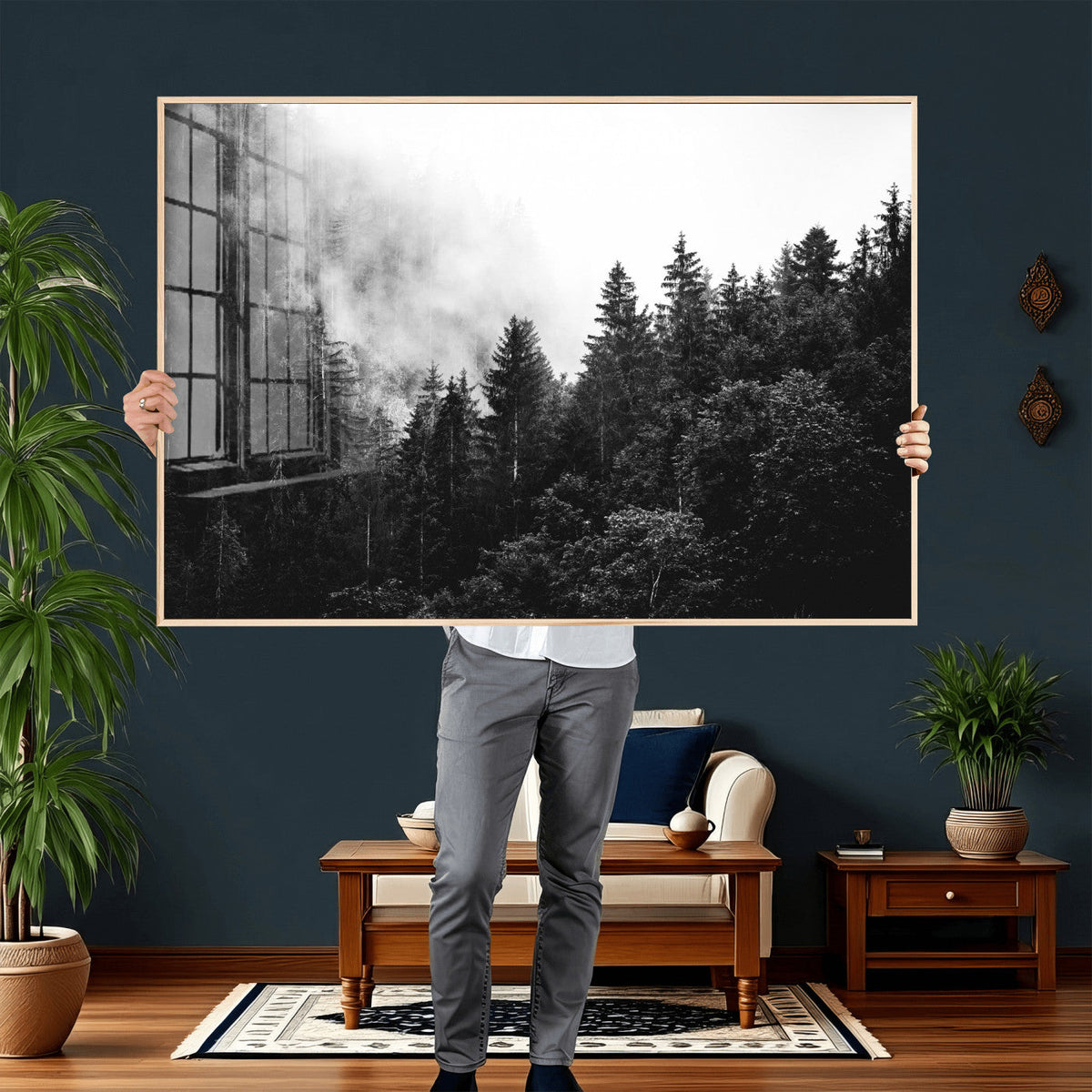 Black White Forest Wall Art Canvas Print, Misty Pine Tree