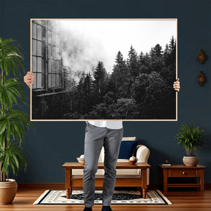 Black White Forest Wall Art Canvas Print, Misty Pine Tree