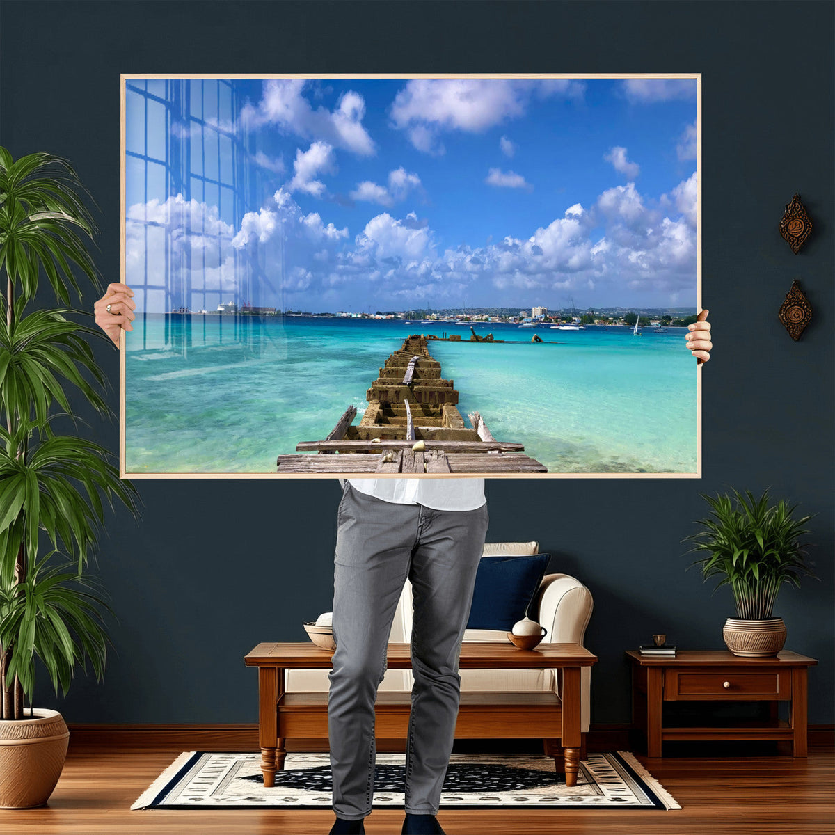 Caribbean Ocean Pier Seascape Wall Art Canvas Print,