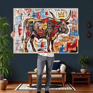 Texas Bull Wall Art Canvas Print, Abstract Graffiti Bull